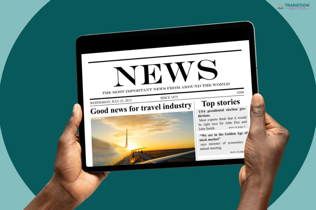 Hands holding a tablet displaying a digital newspaper with the headline “Good news for travel industry.”