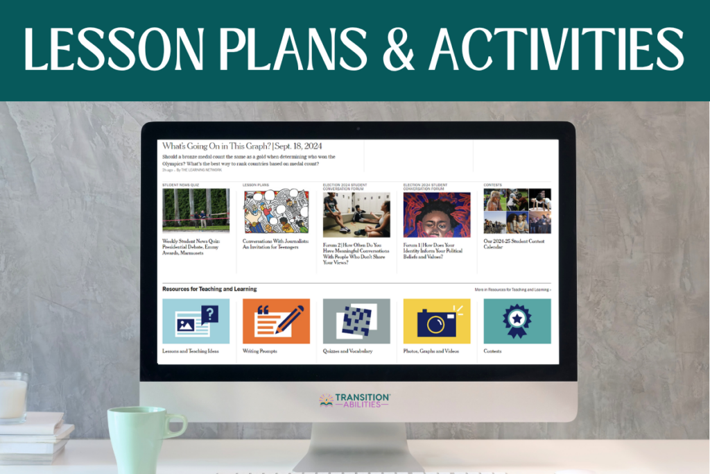 Computer screen showing a lesson plan website with various student news and classroom activity resources.