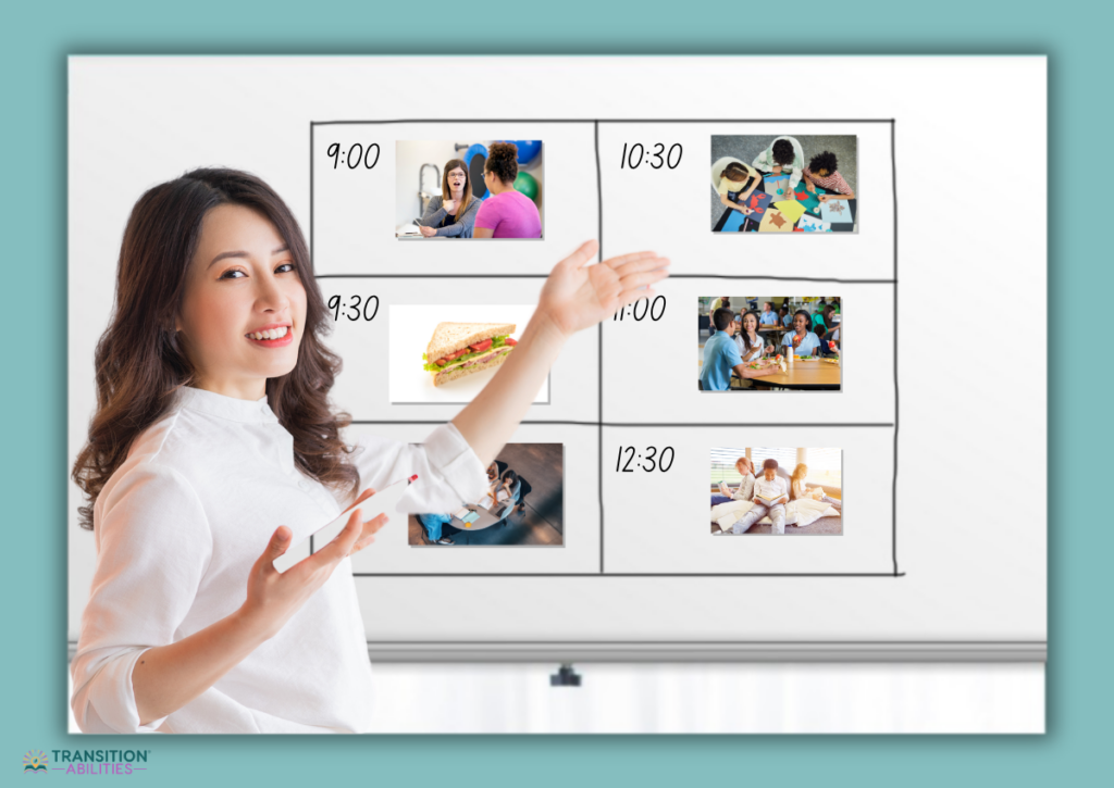 A smiling teacher gestures toward a whiteboard showing a time-based visual schedule made with photos representing each activity.