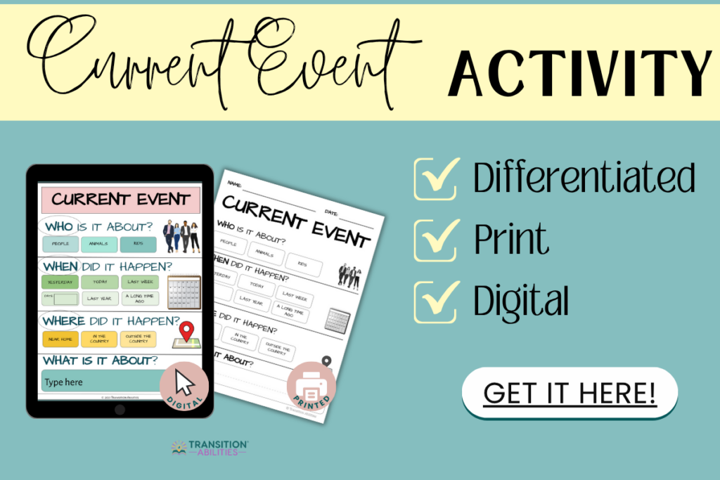 Graphic showing a differentiated current event activity available in both digital and printed formats, with a checklist and download button.