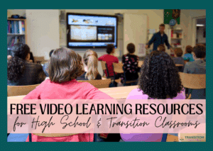 Students in a classroom watching a video lesson on a large screen