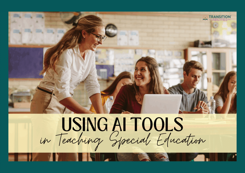Teacher assisting a smiling student with a laptop in a classroom setting with other students in the background