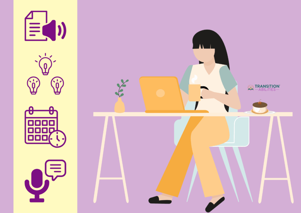 Illustration of a woman at a desk using a laptop and drinking coffee, with icons for audio, ideas, scheduling, and speech on the left side