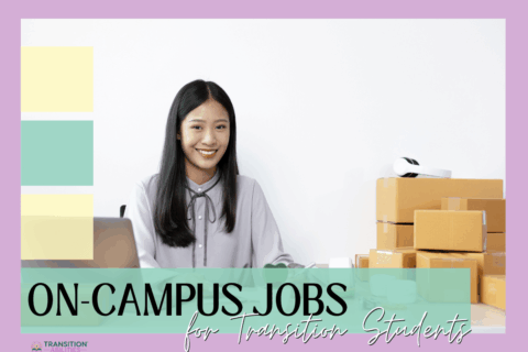Young woman smiling at a desk with packages, laptop, and headphones.