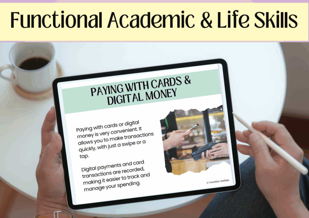 Person holding a tablet showing a lesson on paying with cards and digital money