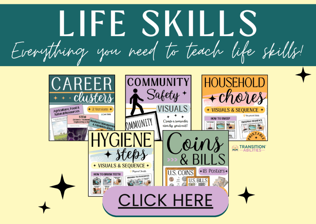 A promotional graphic for "LIFE SKILLS" teaching materials, featuring five smaller sections for career clusters, community safety, household chores, hygiene steps, and coins & bills, with a "CLICK HERE" button at the bottom.