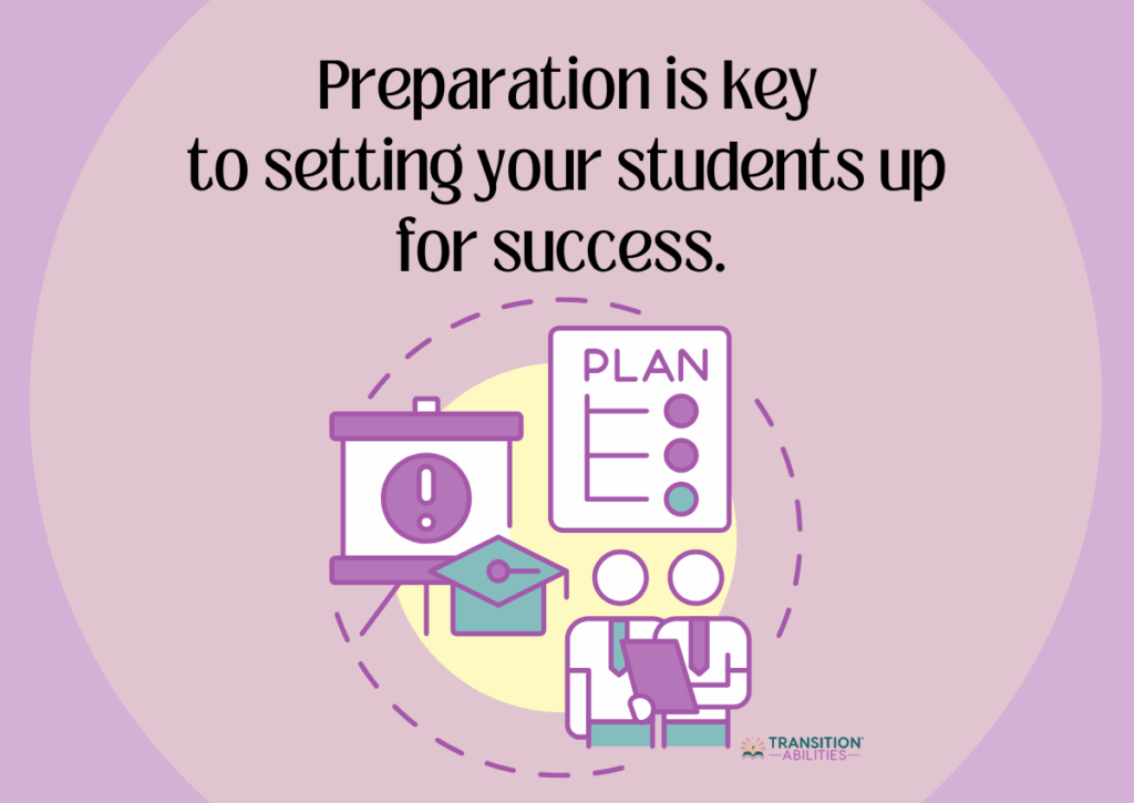 Illustration with the text "Preparation is key to setting your students up for success" and icons of a clipboard, graduation cap, planning checklist, and two people reviewing a document