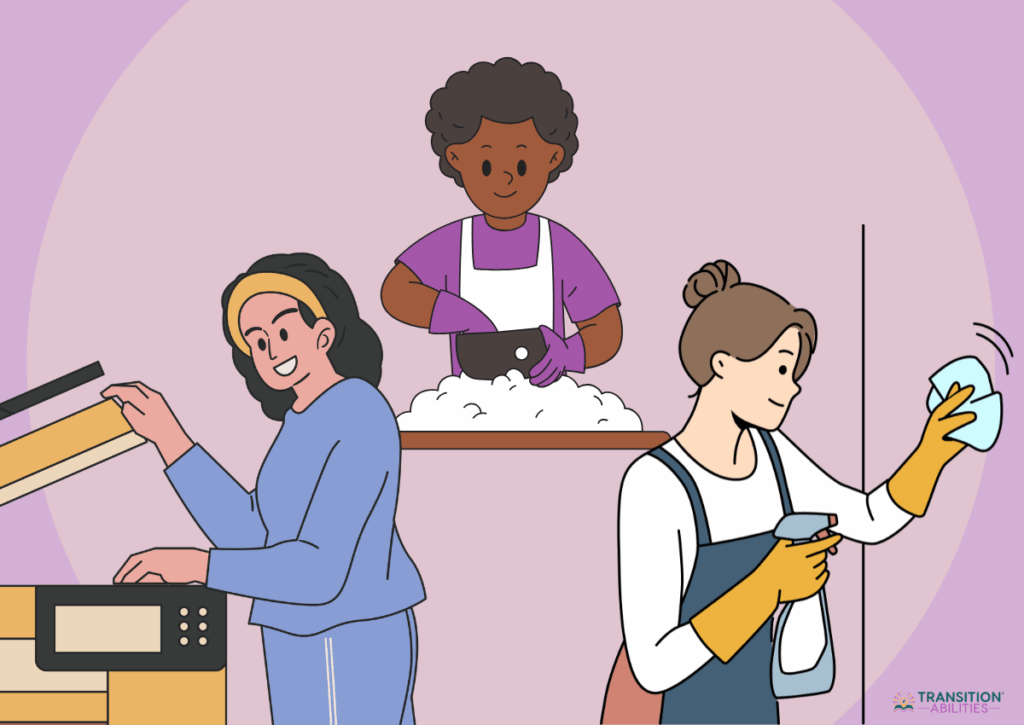 Illustration of three people doing work tasks: copying, cooking, and cleaning