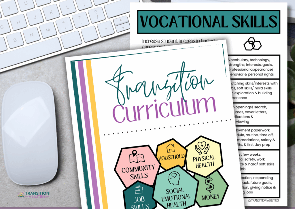 Transition curriculum workbook next to a keyboard and a page about vocational skills