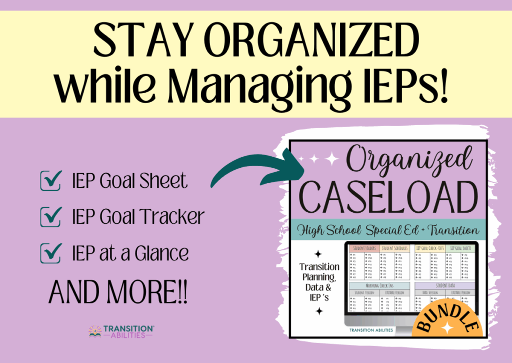 A graphic promoting an "Organized Caseload" bundle for managing IEPs, with a checklist of included documents.