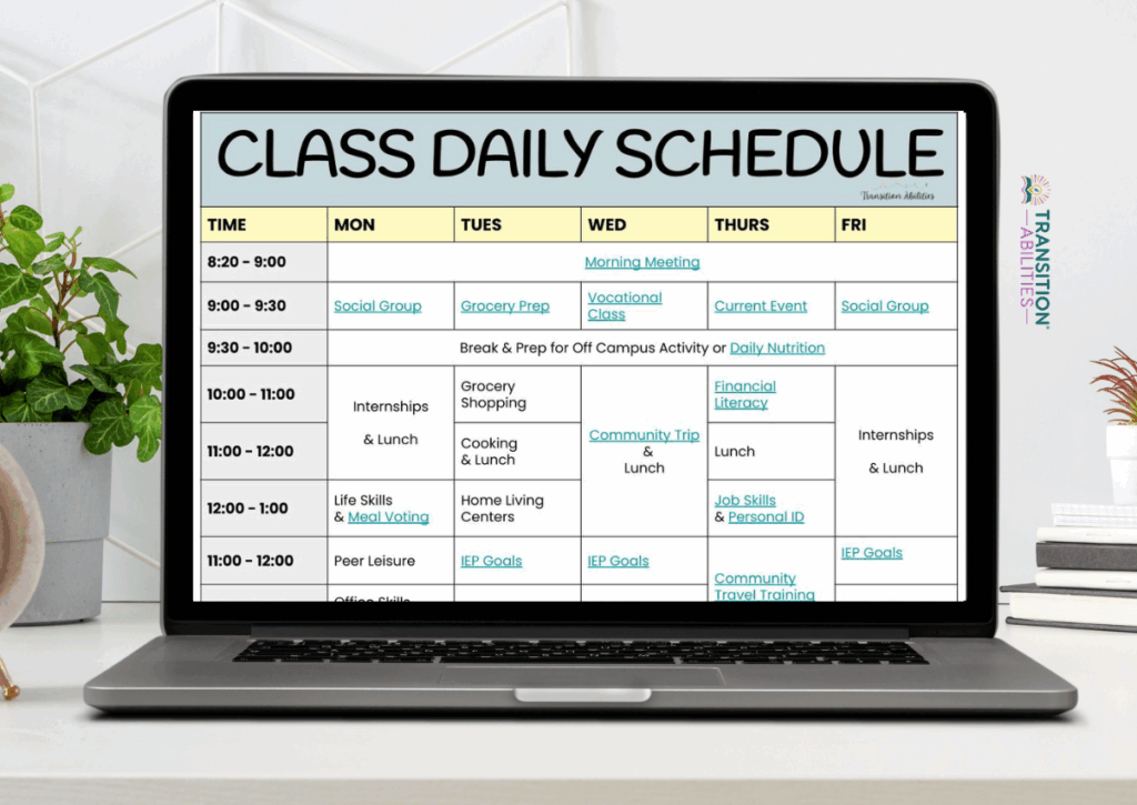 A laptop screen displays a detailed "CLASS DAILY SCHEDULE" with different activities for each day of the week.