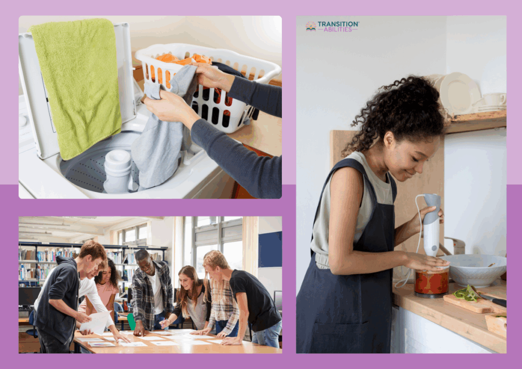 A collage of three images showing students learning life skills: doing laundry, collaborating on a project, and blending food in a kitchen.