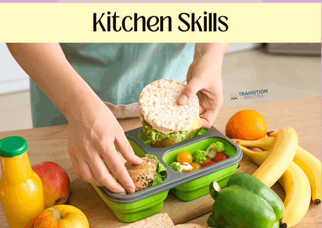Person placing rice cakes and veggies in a green lunch container with fruit on the table