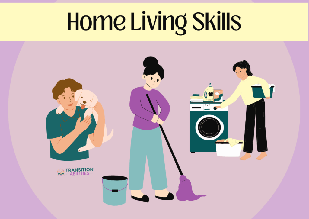 Cartoon of three people doing chores: holding a puppy, mopping, and using a washing machine