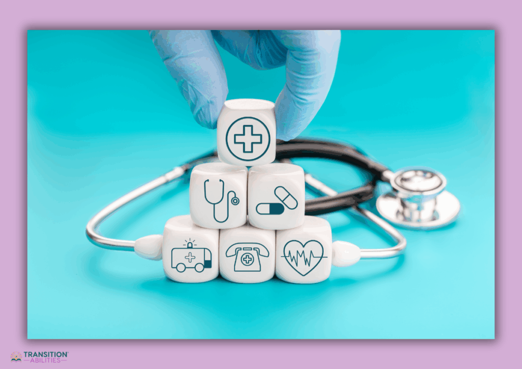 Medical icons on dice stacked in front of a stethoscope.