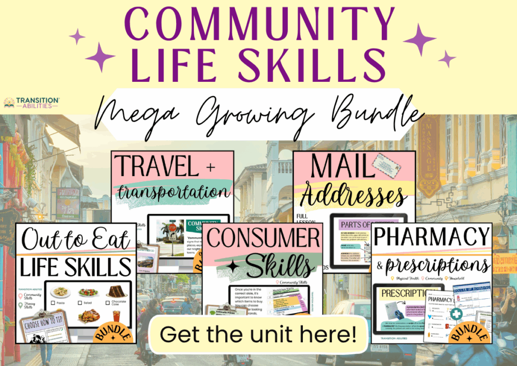 Colorful collage of lesson covers with the text “Community Life Skills Mega Growing Bundle.”