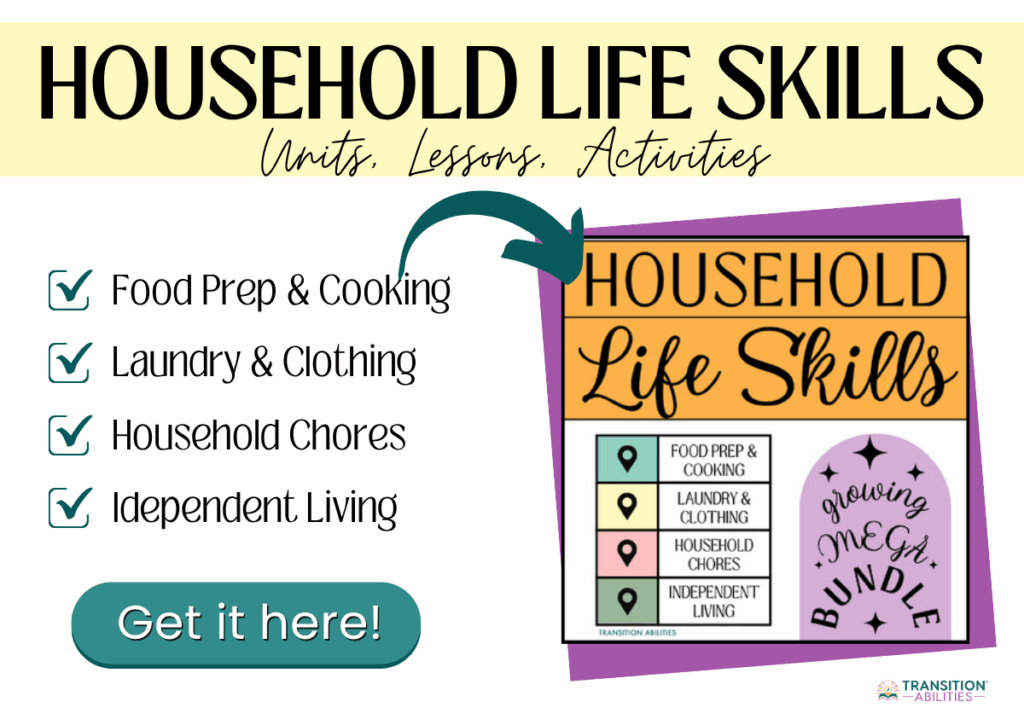 Graphic promoting “Household Life Skills” with checklist items like food prep, laundry, chores, and independent living.