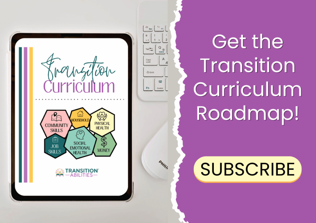 Tablet displaying a “Transition Curriculum” guide with the text “Get the Transition Curriculum Roadmap! Subscribe.”